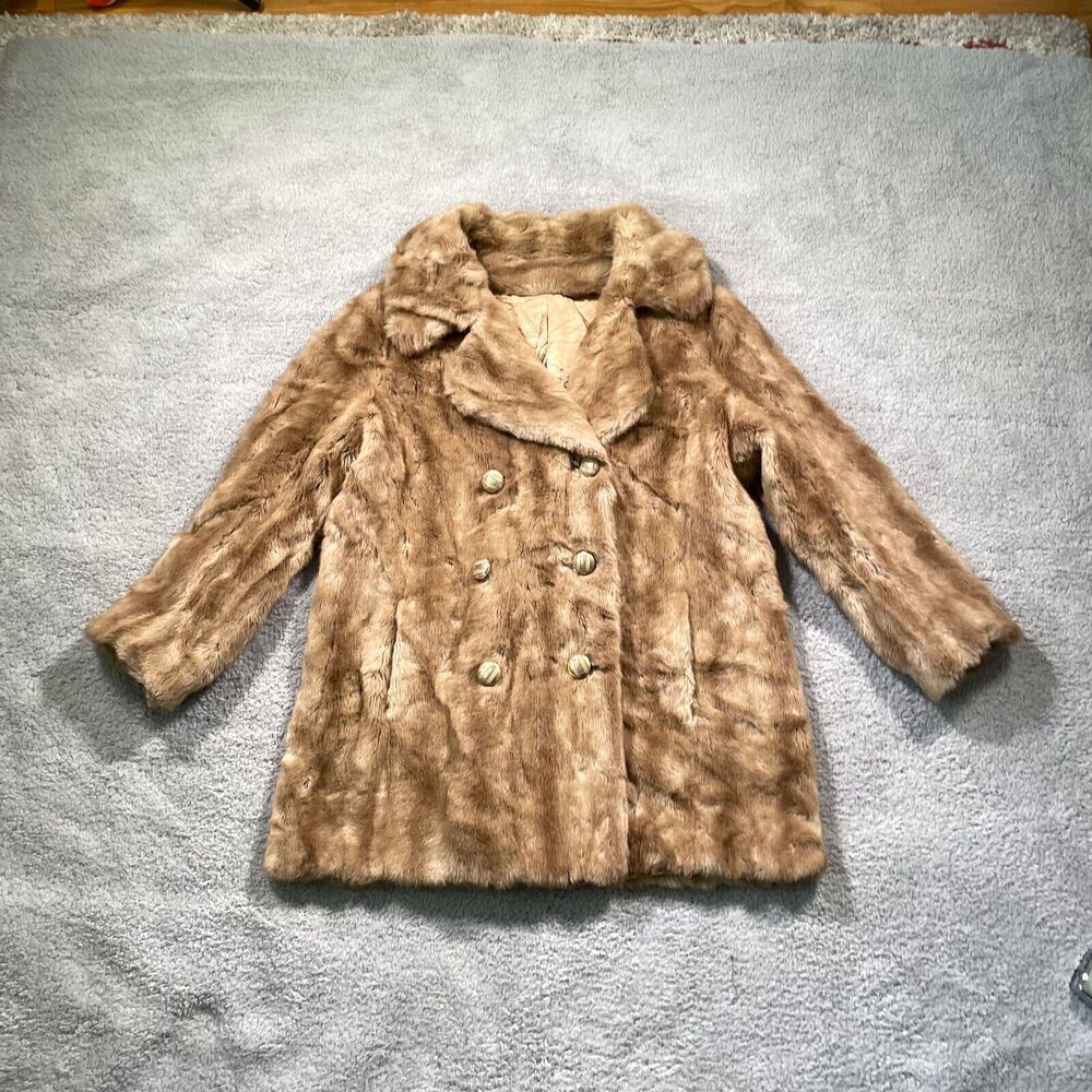 Vintage 60s Faux Fur Coat Women's Tissavel France Brown Double Button Large